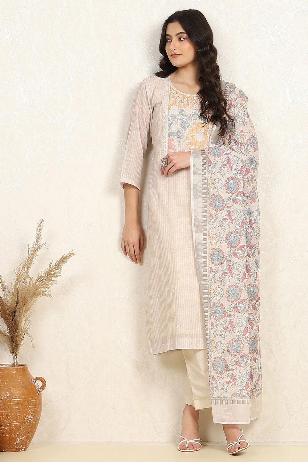 Cream Linen Blend Unstitched Suit Set image number 1