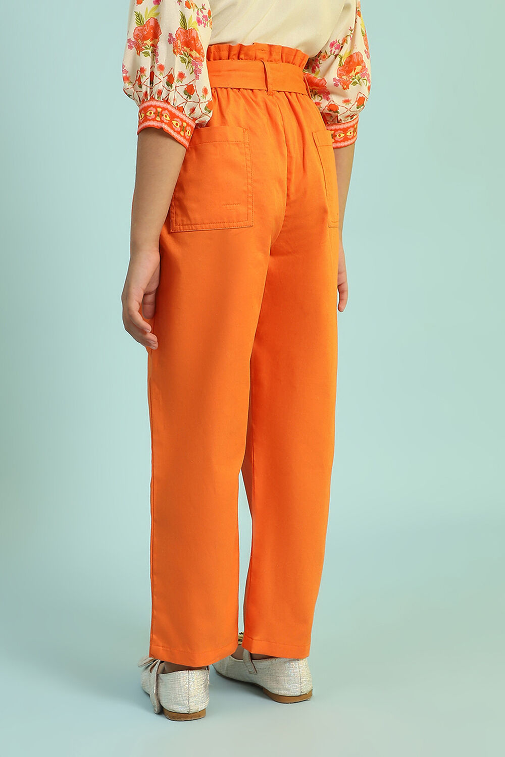 Orange Cotton Solid Regular Pants image number 5