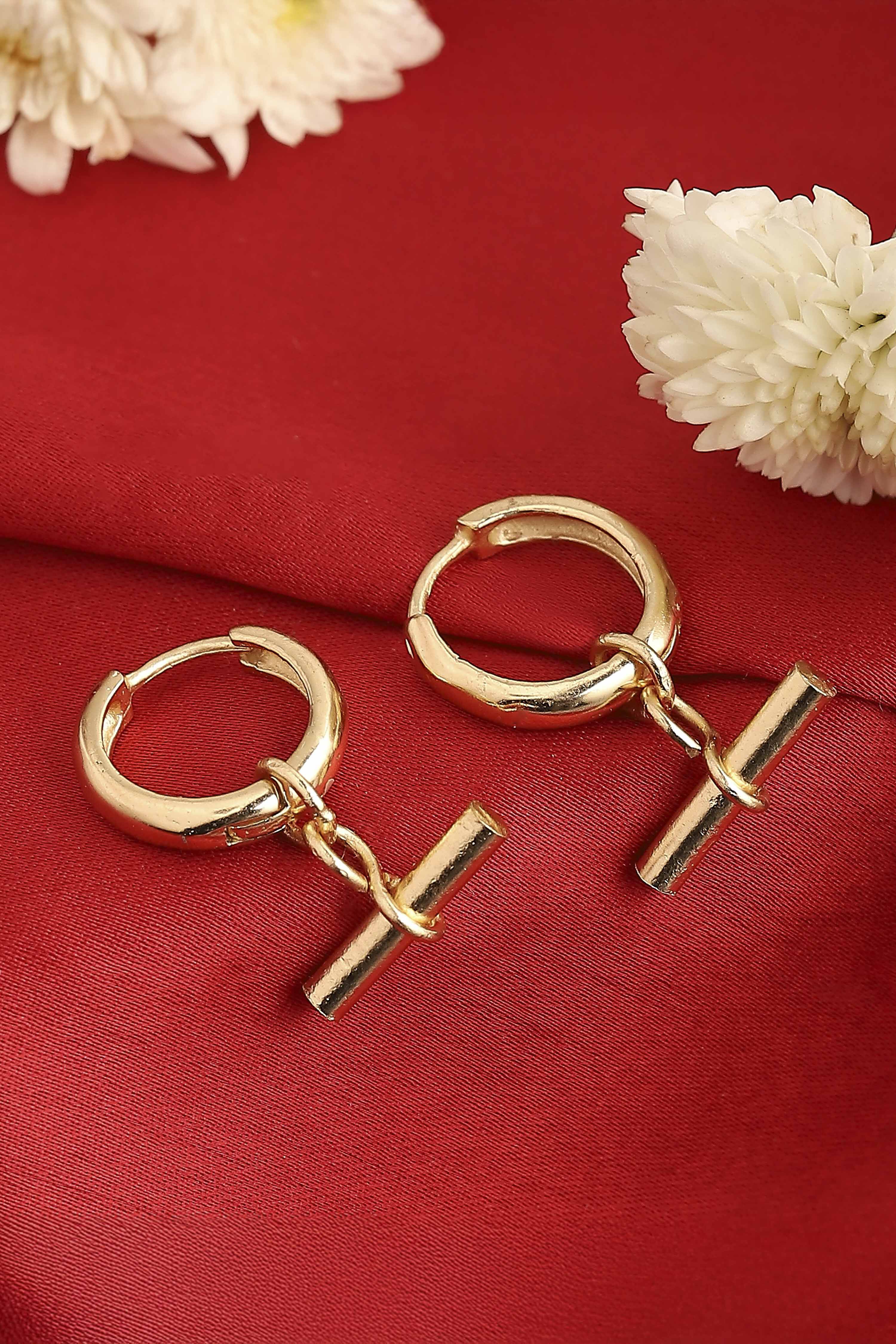 Gold Plated Brass T-Bar Hoop Drop Earrings image number 0