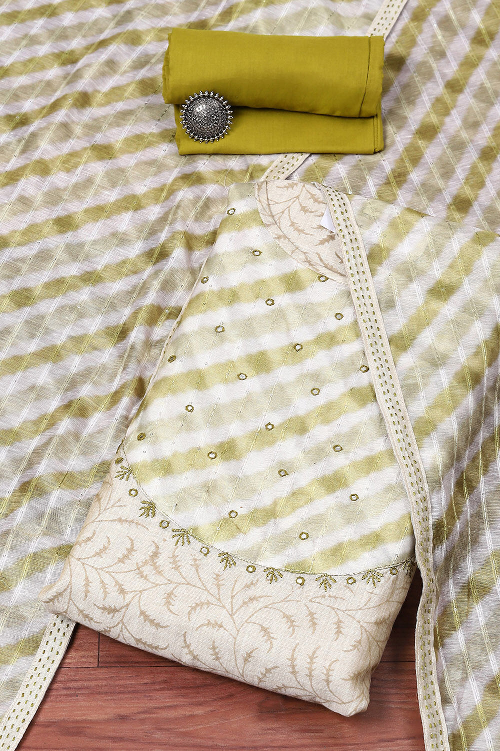 Green Chanderi Blend Printed Unstitched Suit Set image number 0