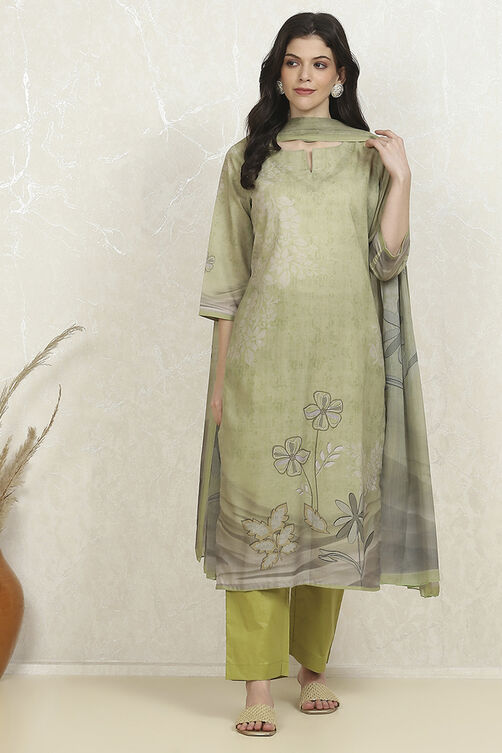 Green Cotton Unstitched Suit Set image number 7