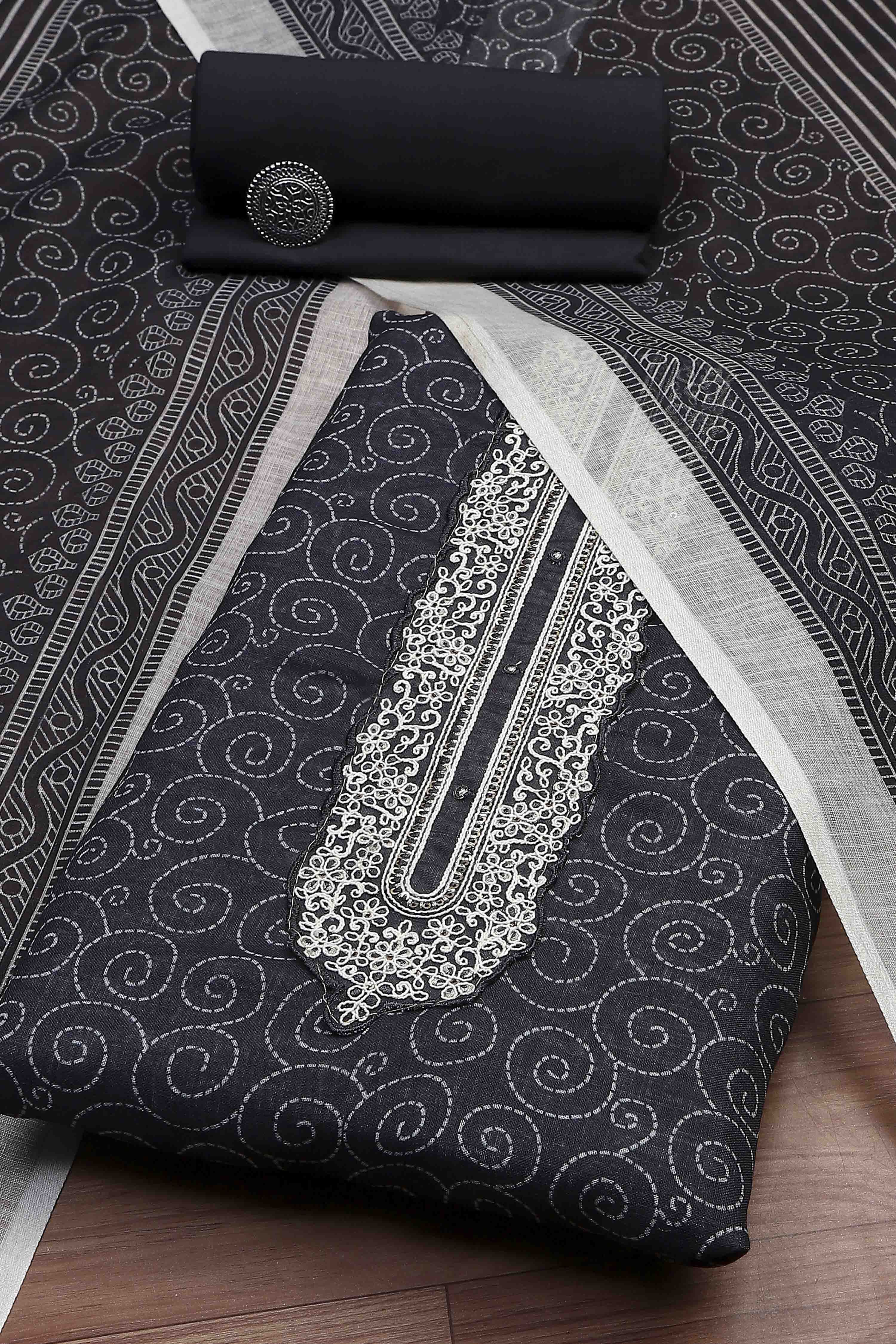 Green Black Linen Royal Swirl Jal Print Unstitched Suit Set image number 0