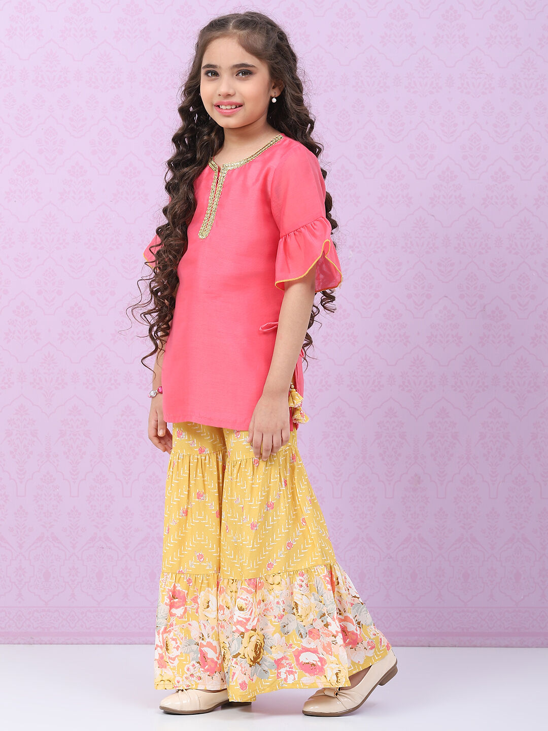 Pink & Yellow Art Silk Straight Kurta Set image number 3