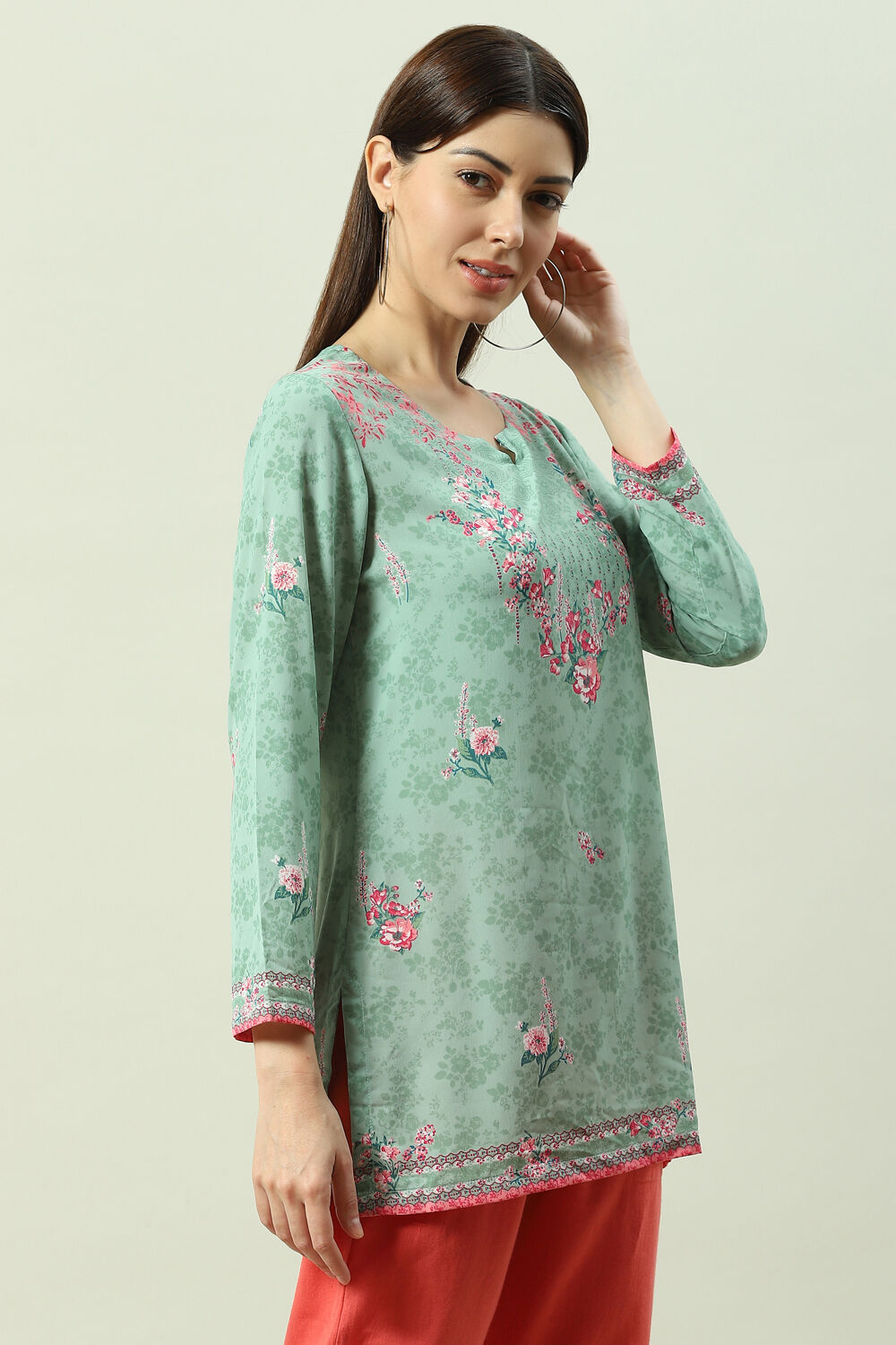 Sea Green Art Silk Printed Short Kurti image number 3