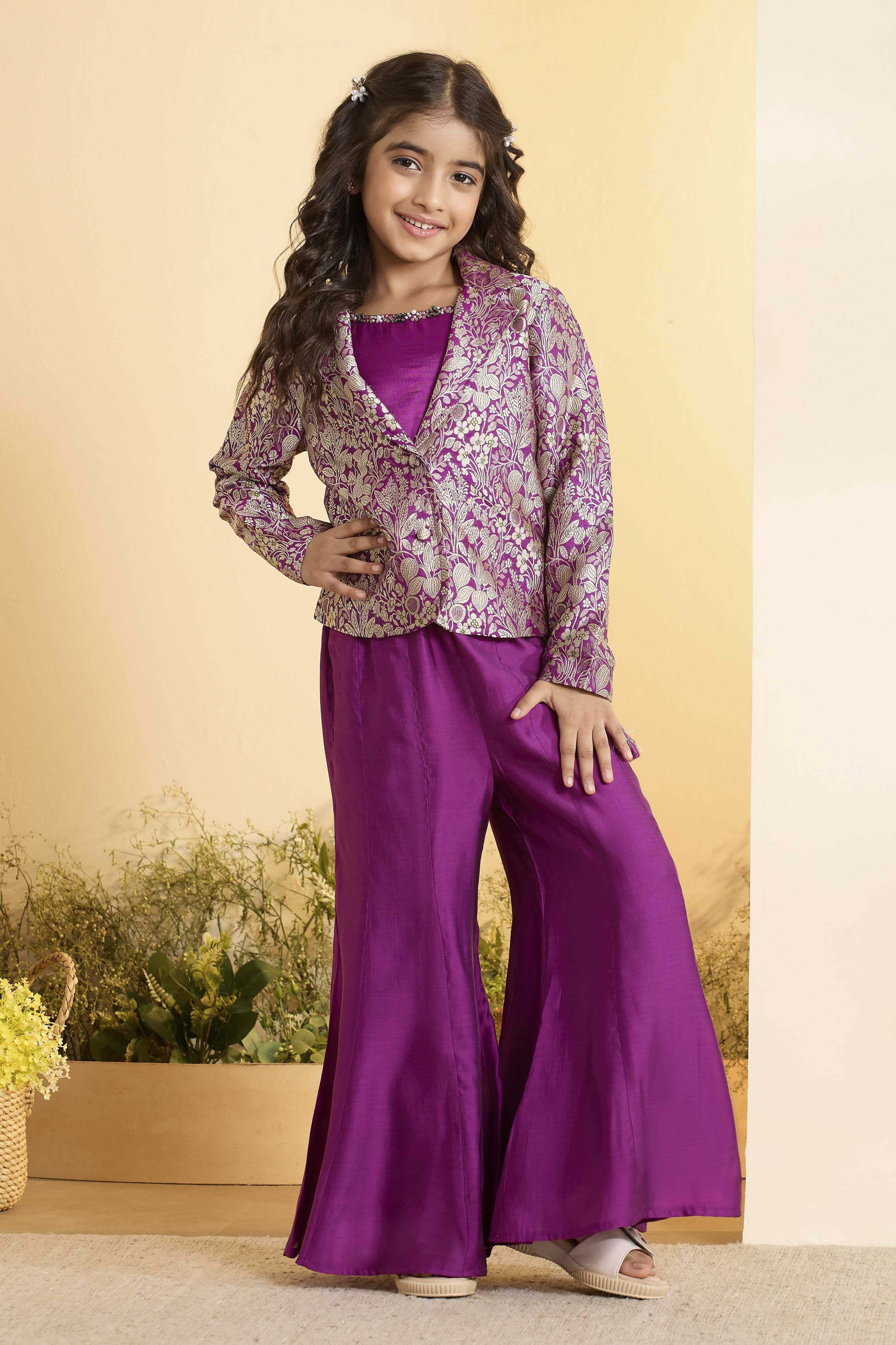 Purple Viscose Rayon Floral 3 Piece Co-ord Set image number 8