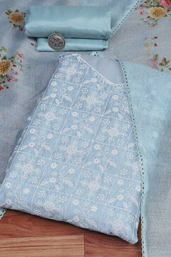 Blue Chanderi Machine Embroidered Unstitched Suit Set image number 0
