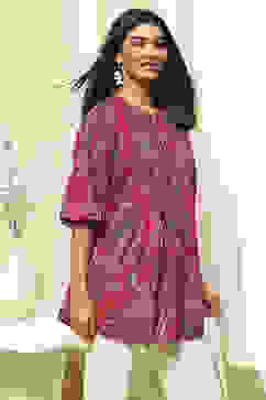 Magenta Cotton Printed A-Line Short Kurta image number 4