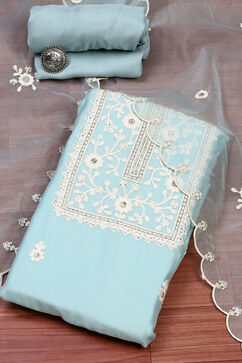 Teal Chanderi Unstitched Suit Set image number 0