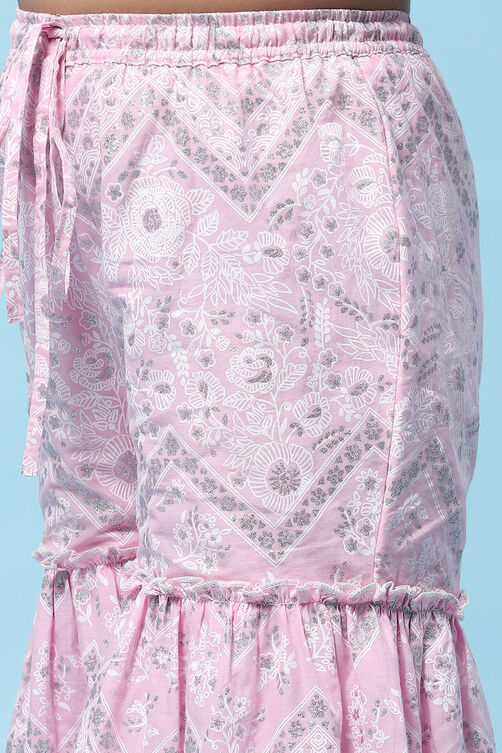 Pink Cotton Floral Printed Gathered Peplum Suit Set image number 2