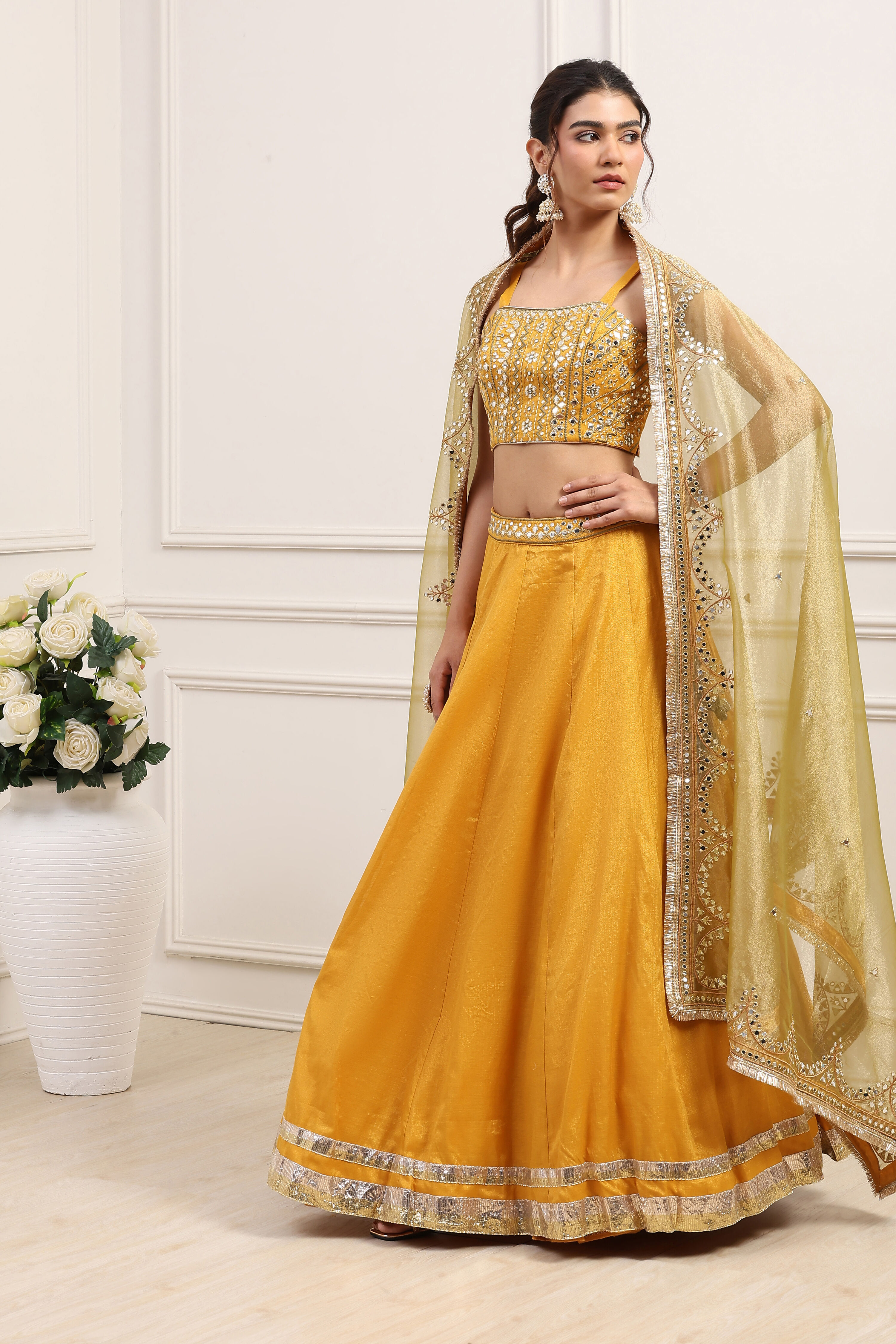 Yellow Cotton Zari Tissue Embroidered Lehenga Set image number 3