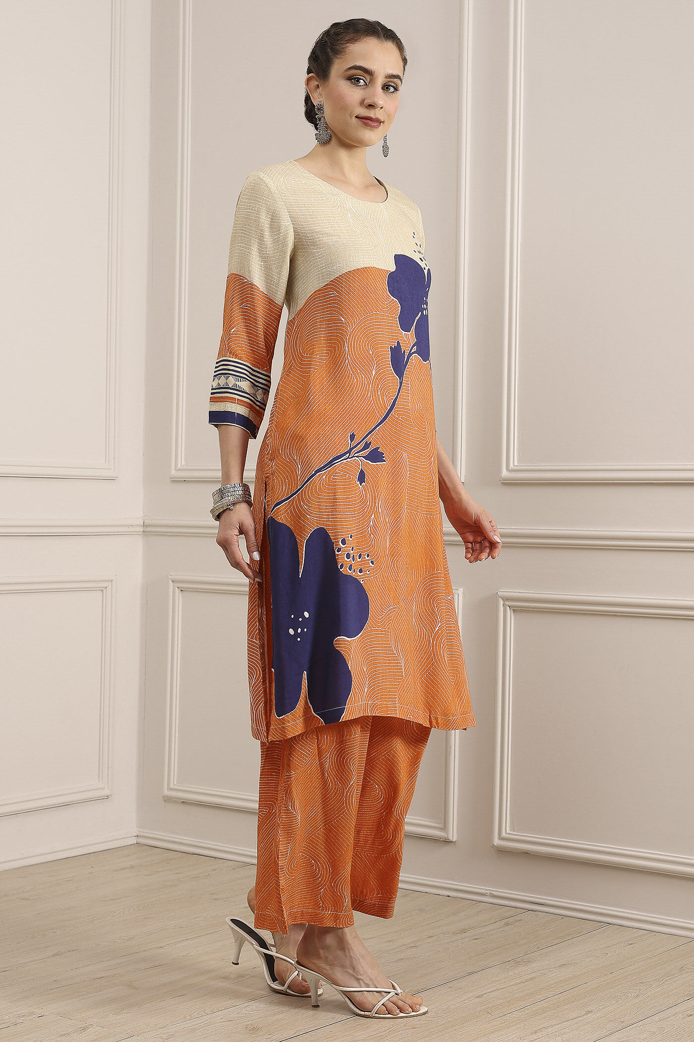 Orange Viscose Rayon Straight Printed Fusion Set image number 5