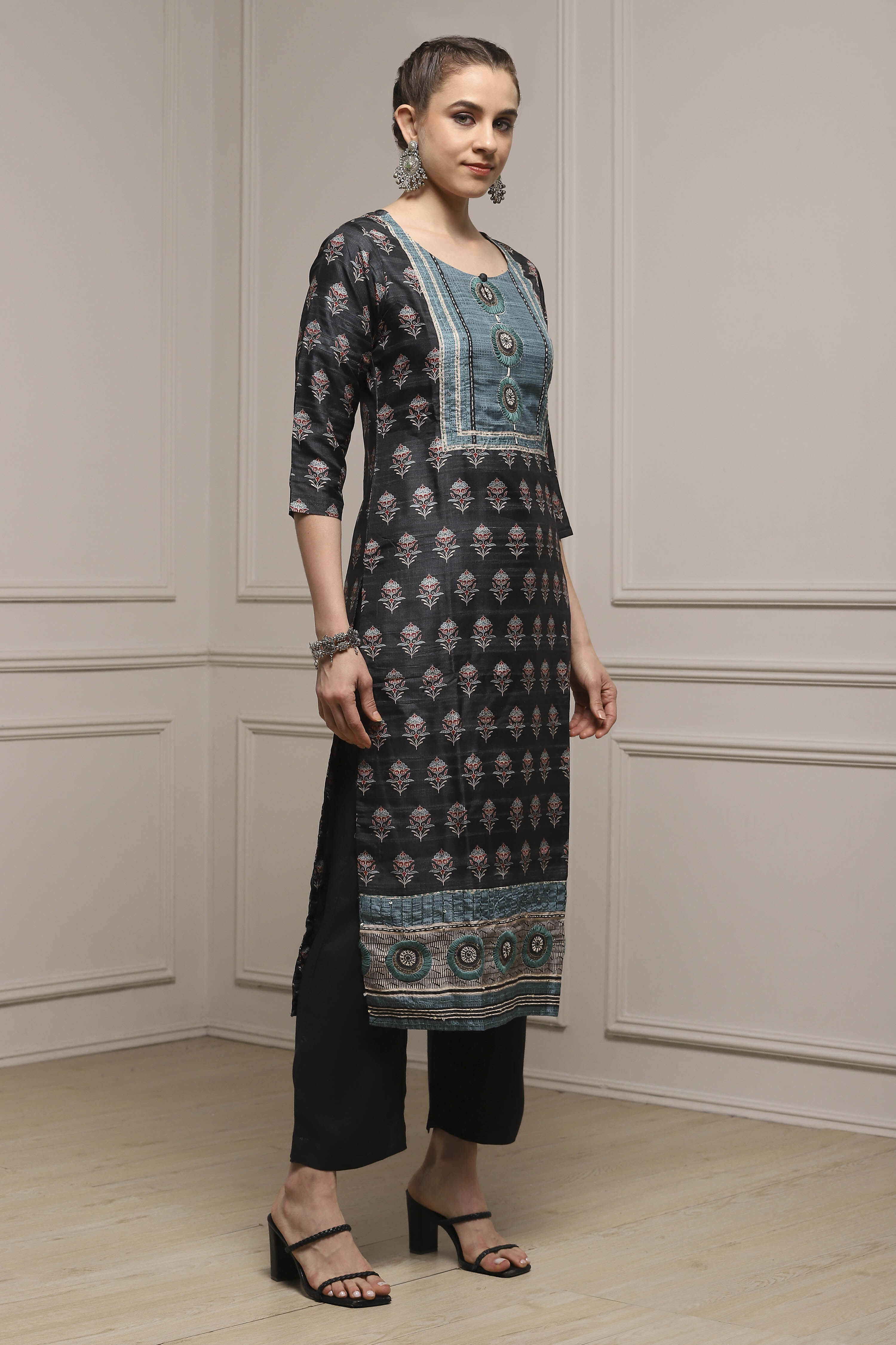 Black Silk Blend Printed- Embroidered Unstitched Suit Set image number 6