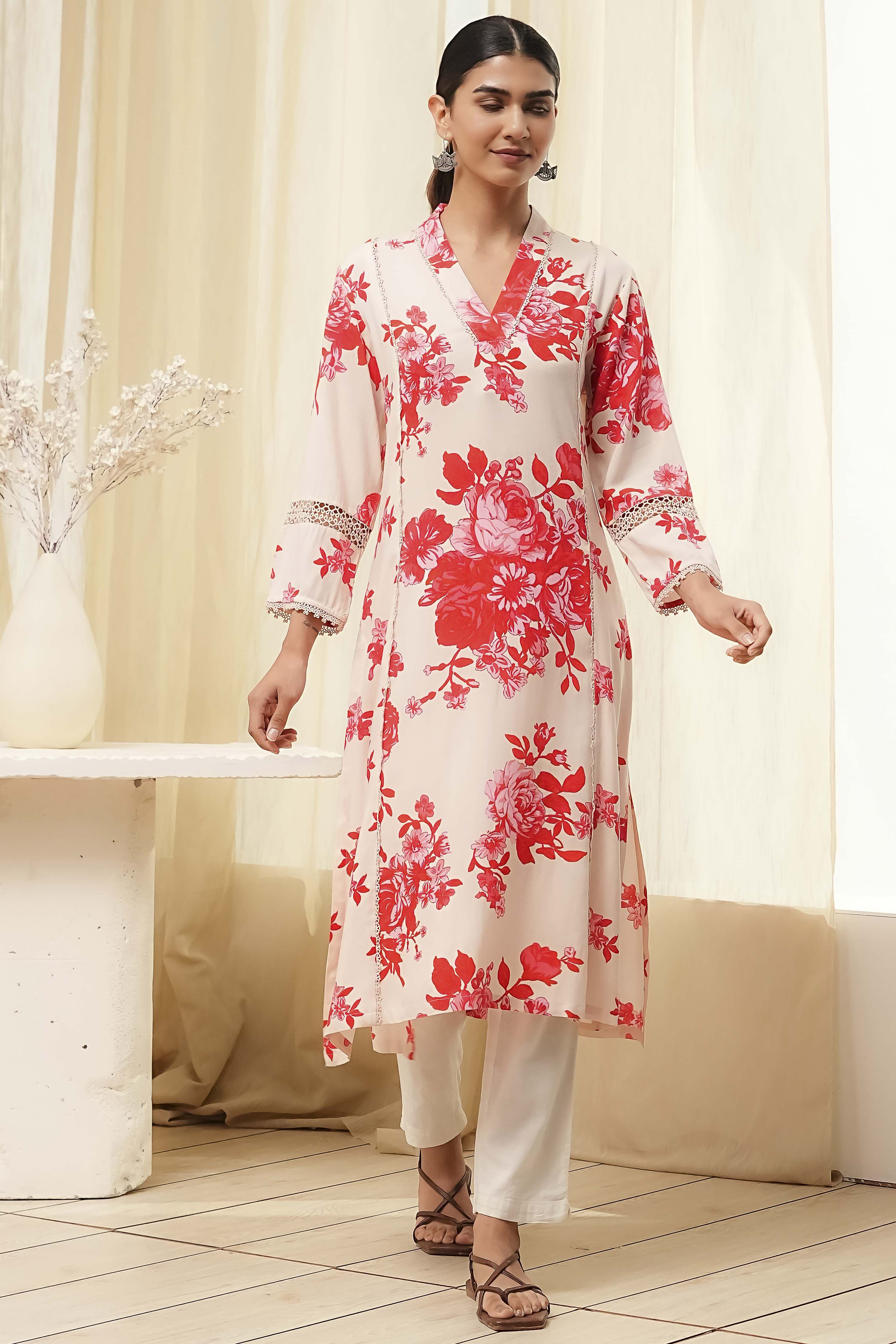 Red and Off-White Floral Printed Straight Kurta image number 4