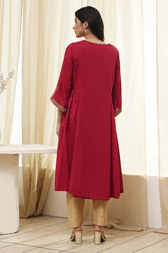 Red Cotton Solid A-Line Kurta image number 3