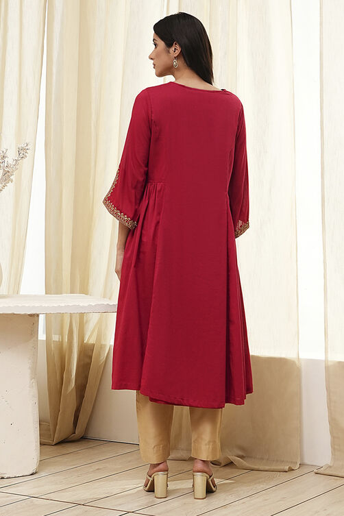 Red Cotton Solid A-Line Kurta image number 3