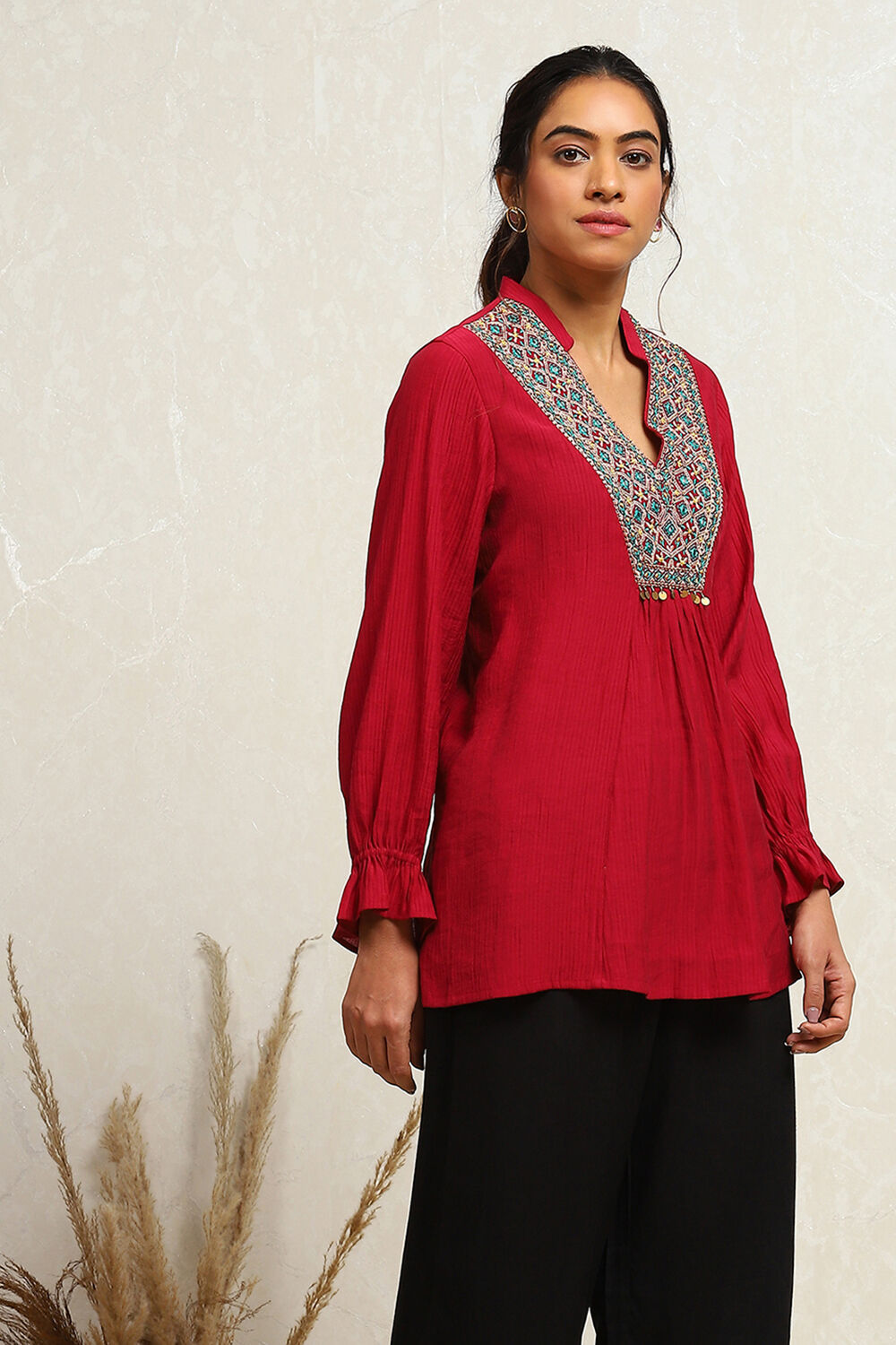Berry Red Embroidered A-Line Kurti image number 4