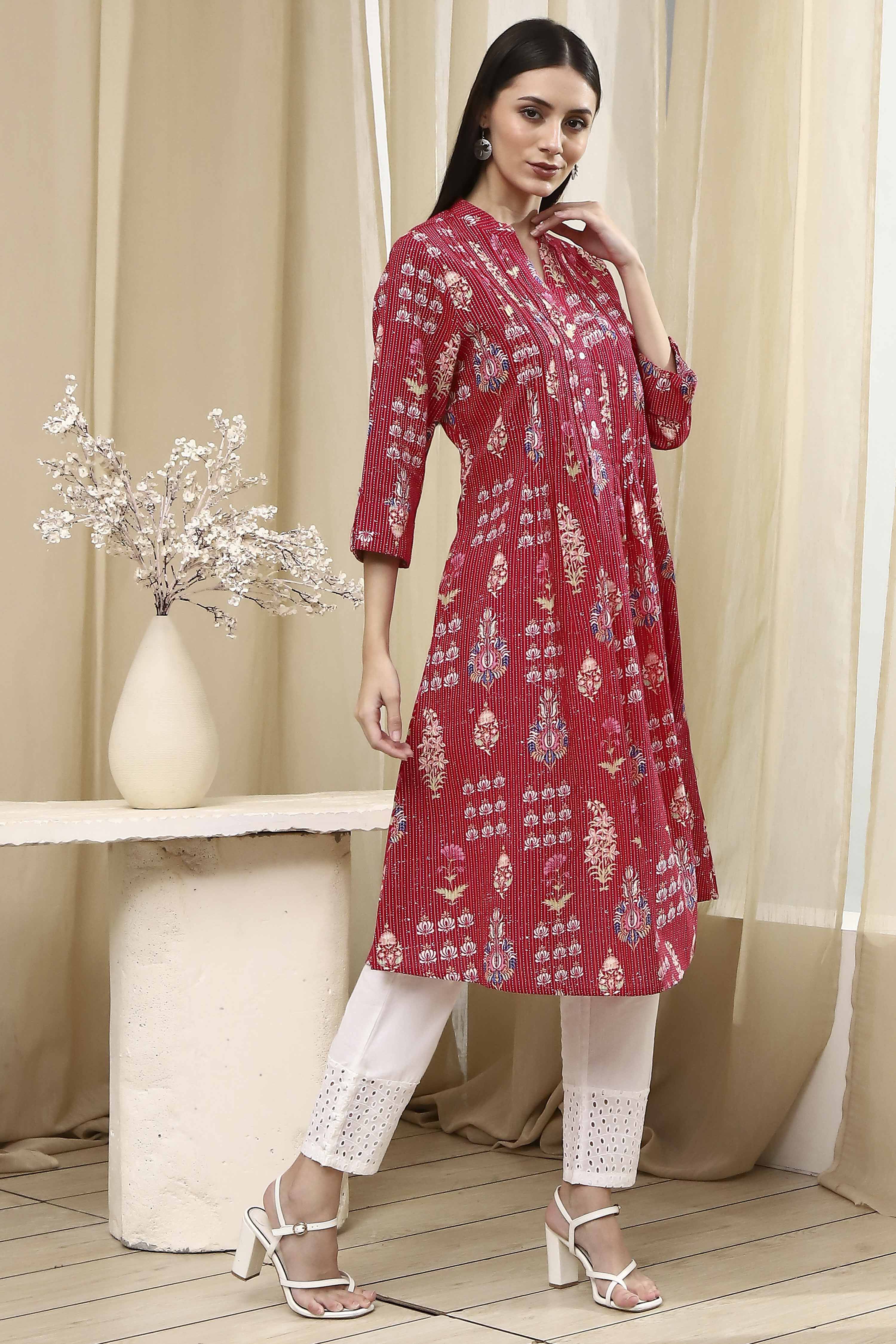 Pink Cotton Printed A-Line Kurta image number 4