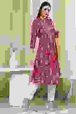 Pink Cotton Printed A-Line Kurta image number 4