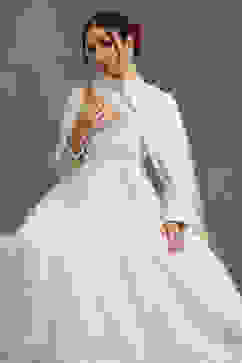 Rohit Bal Cream-Toned Silk Chanderi Floral Anarkali Suit Set image number 0