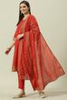 Red Cotton Straight Kurta Pants Suit Set image number 5
