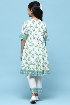 White Printed Cotton Flared Kurta With Straight Palazzo image number 4