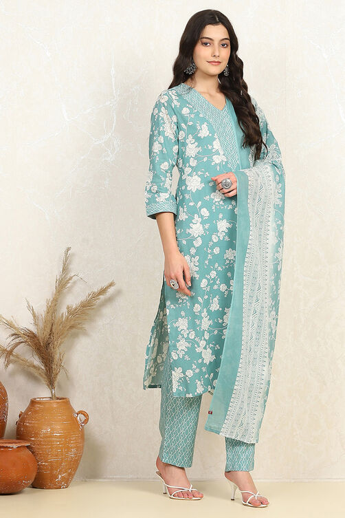 Rama Green Cotton Screen Print Unstitched Suit Set image number 6
