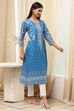 Blue Cotton Printed Straight Kurta image number 4