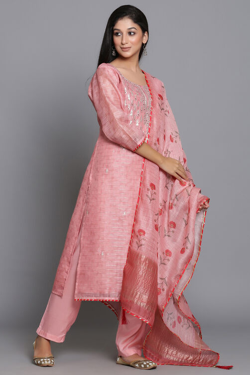 Pink Unstitched dress material Suit Set image number 2