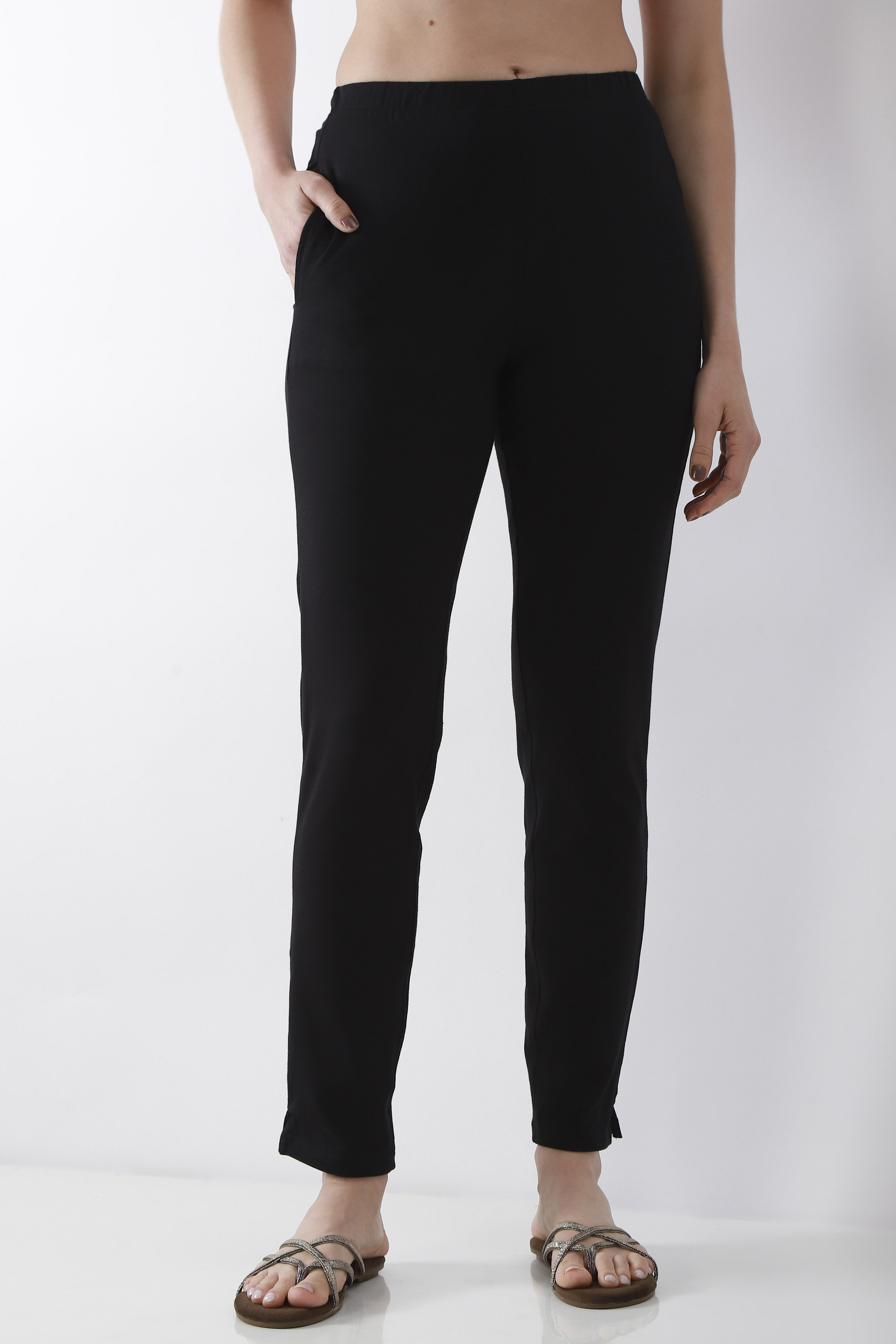 Navy Blue Solid Cotton Lycra Straight Pants image number 4