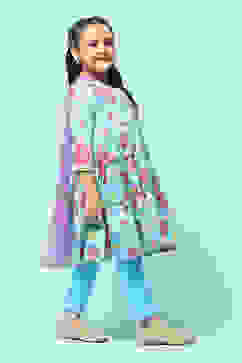 Turquoise Cotton Tiered Printed Suit Set image number 6