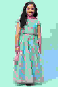 Blue Poly Chanderi Floral Printed Flared Lehenga Set image number 7