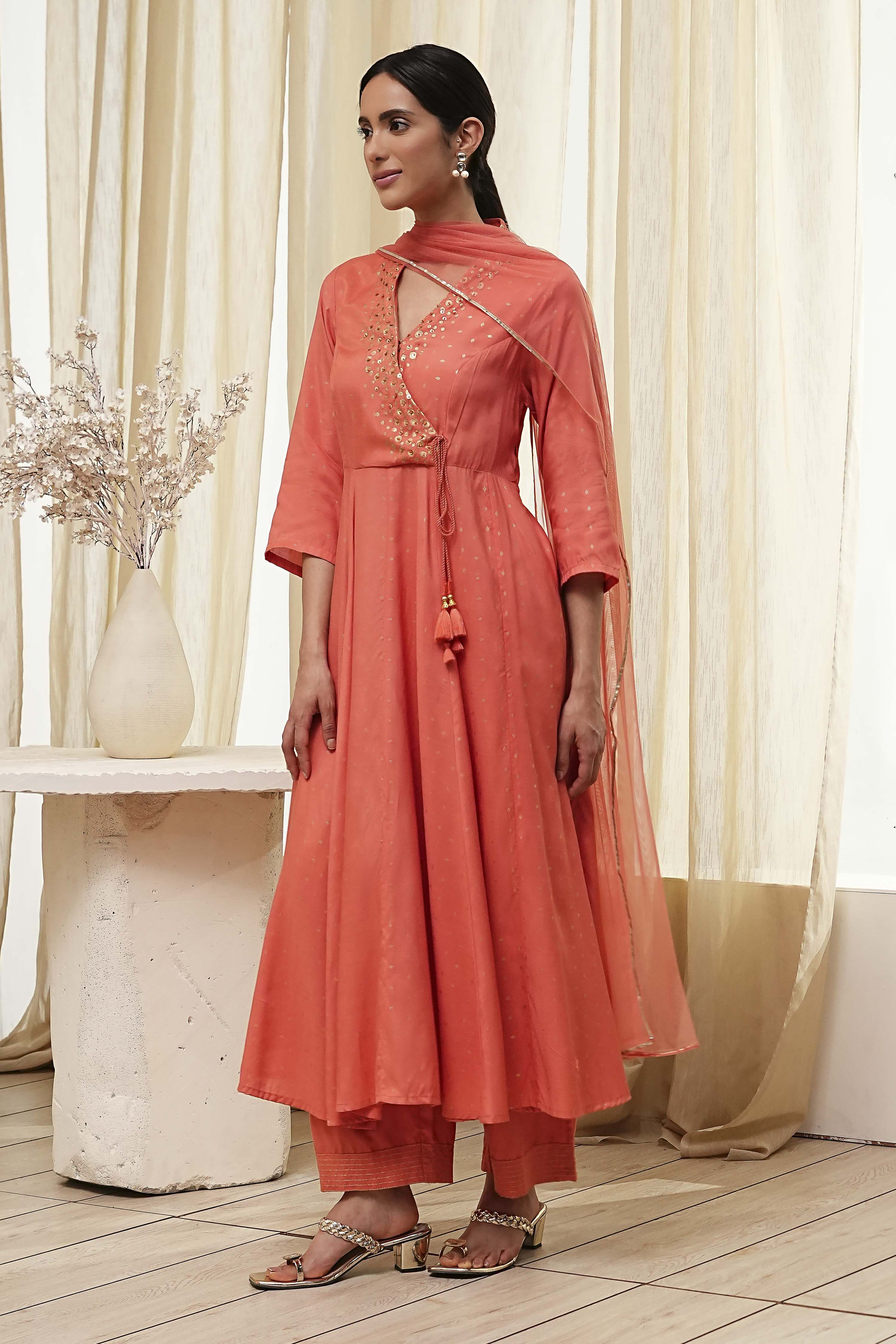 Peach Modal Printed Angrakha Anarkali Suit Set image number 3