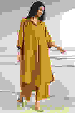 Ochre Yellow Polyester A-Line Dyed Kurta Pants Set image number 0