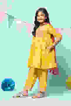 Yellow Polyester Flared Solid Kurta Palazzo Suit Set image number 5