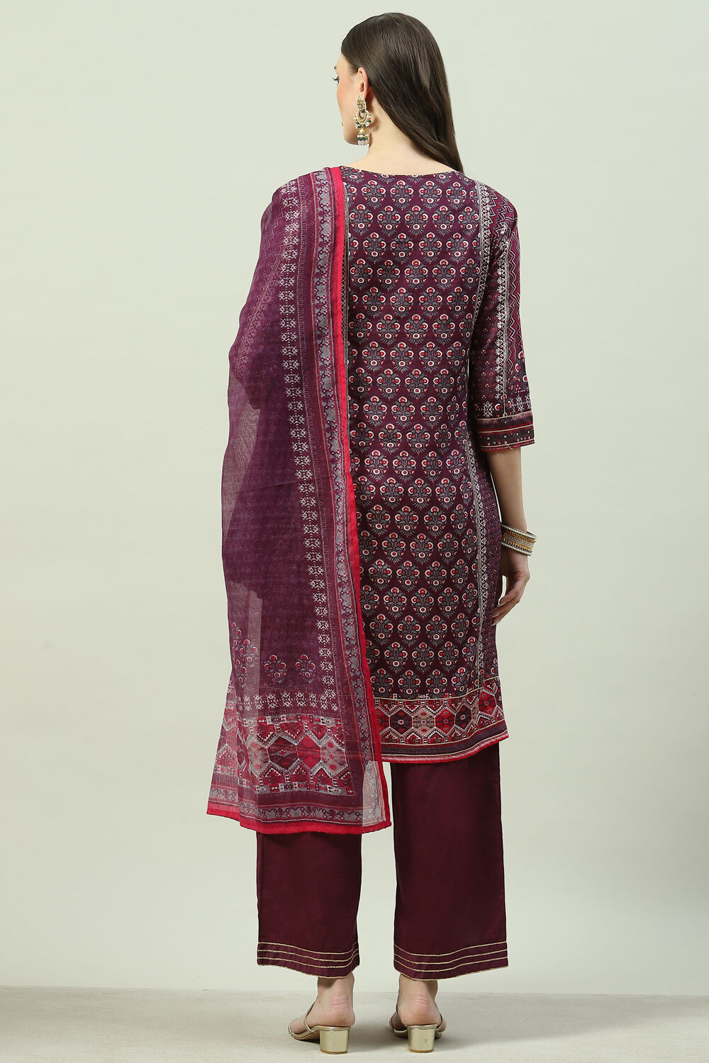 Wine Cotton Straight Kurta Slim Pants Suit Set image number 3