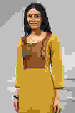 Yellow Cotton Hand Block Print Unstitched Suit Set image number 2