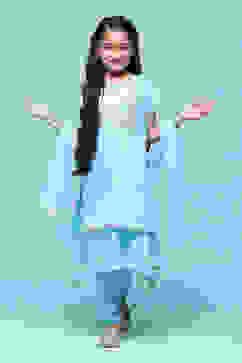 Powder Blue Polyester Straight Printed Suit Set image number 0