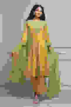 Lime Green Silk Chanderi Embroidered Dyed Straight Suit Set image number 0