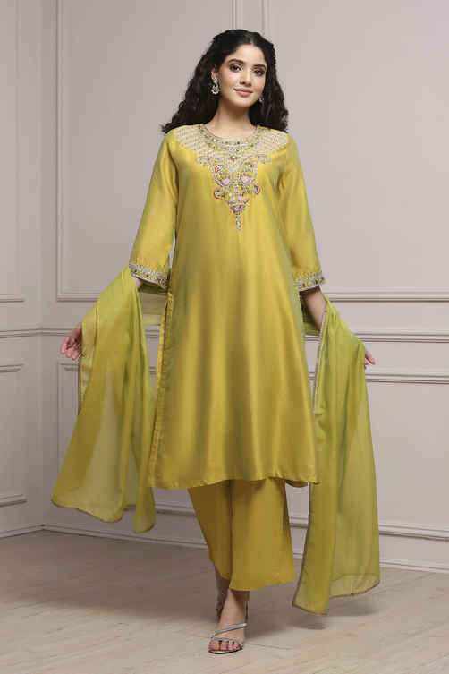 Lime Green Chanderi Straight Dyed Suit Set image number 0