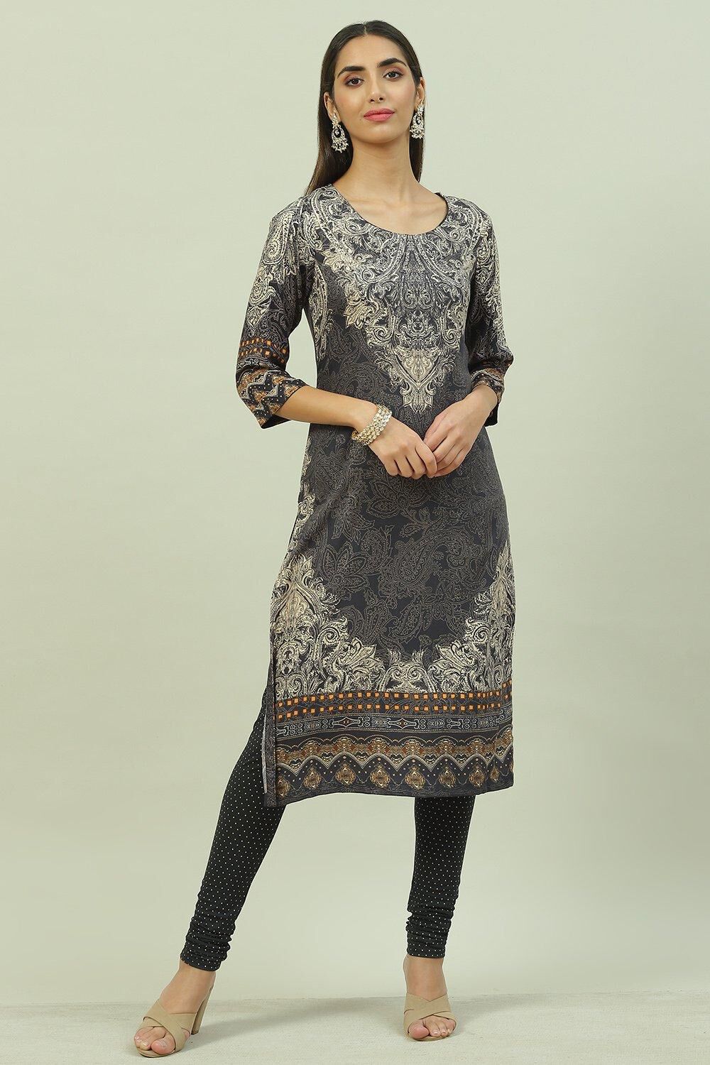 Black LIVA A-Line Printed Kurta image number 3