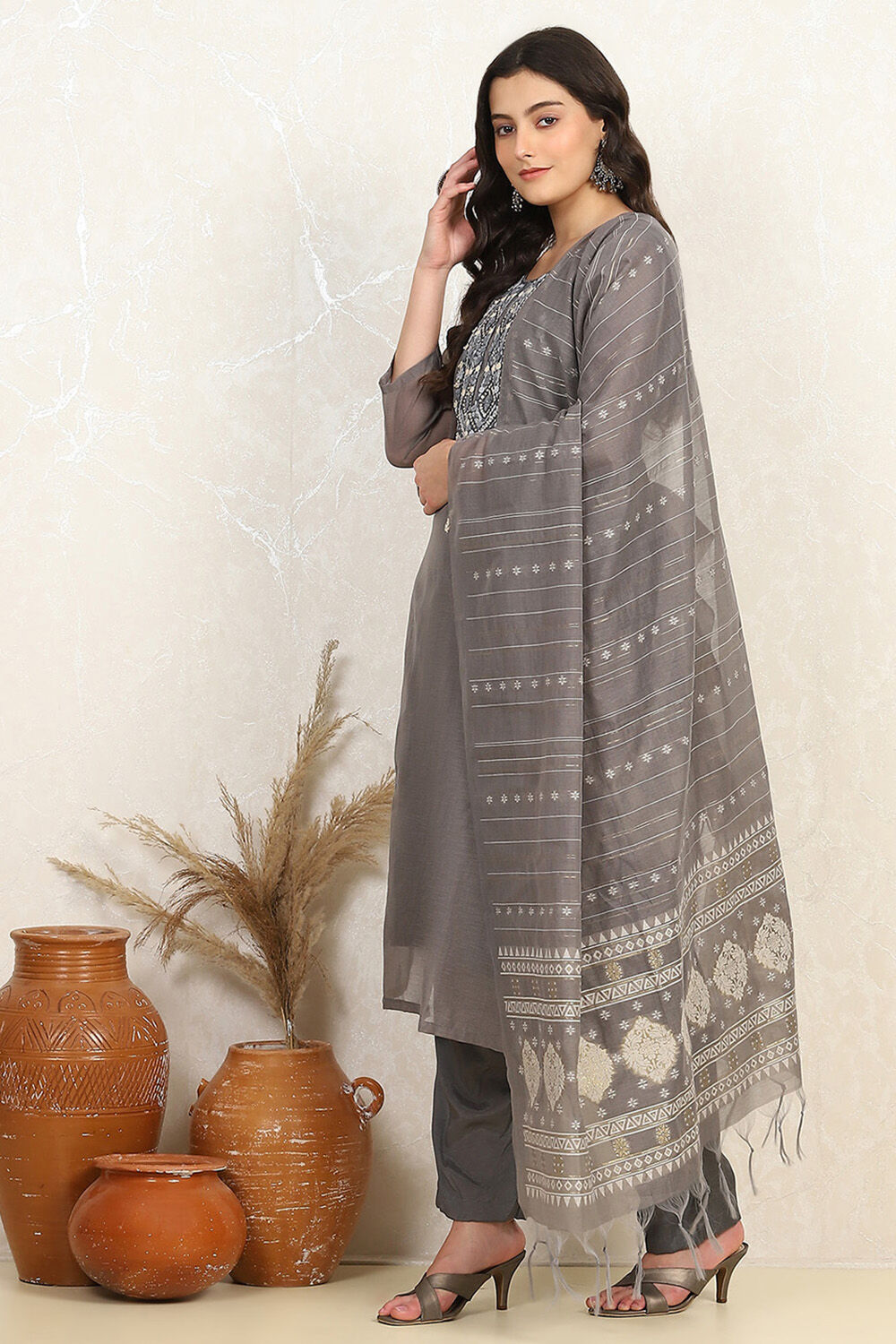 Grey Modal Hand Embroidered Unstitched Suit Set image number 4