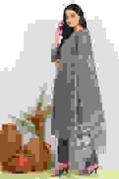 Grey Modal Hand Embroidered Unstitched Suit Set image number 4