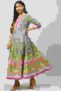 Olive Green Cotton Flared Printed Dress image number 1