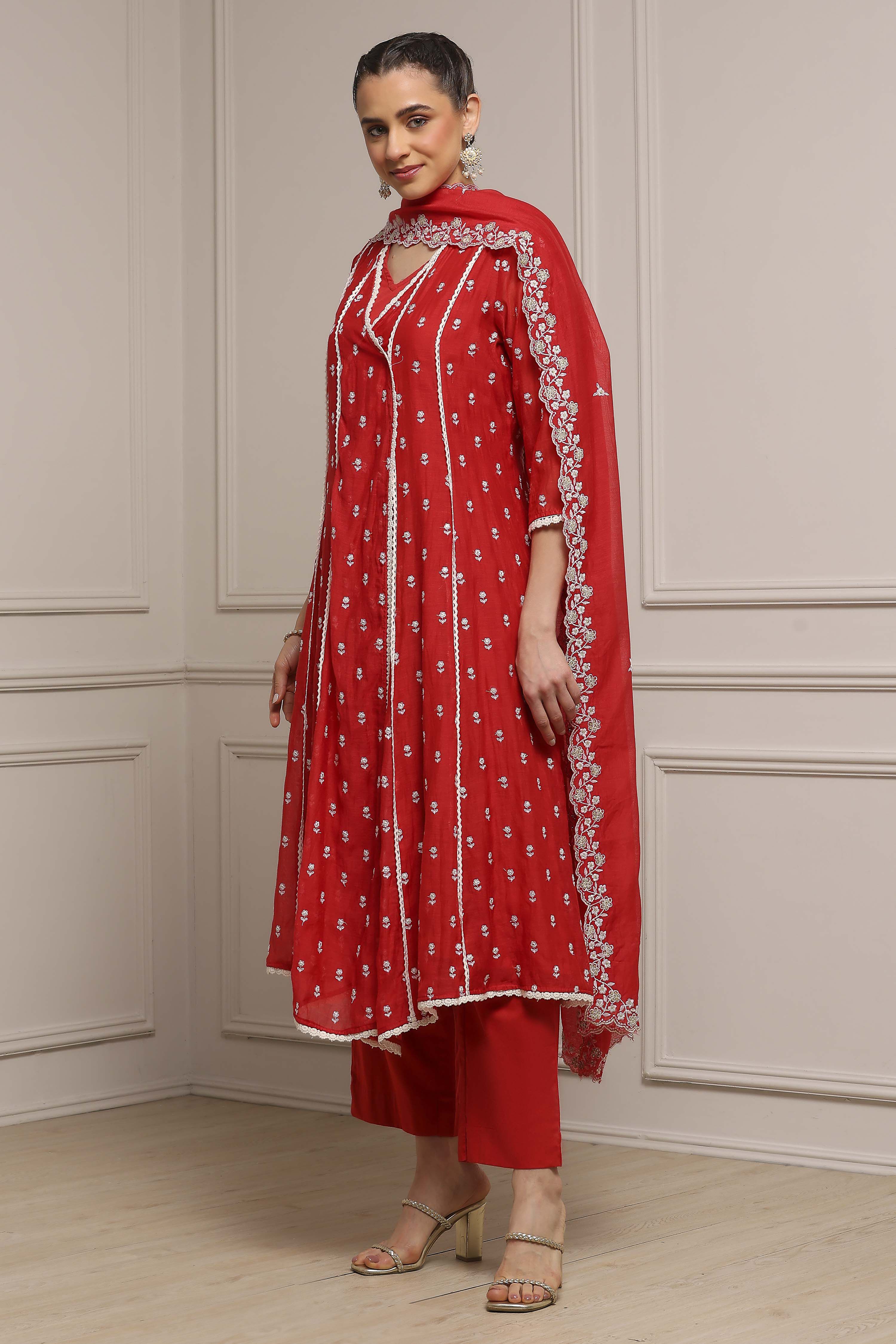 Red Chanderi Embroidered Kalidar Suit Set image number 3