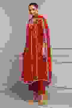 Red Chanderi Embroidered Kalidar Suit Set image number 3