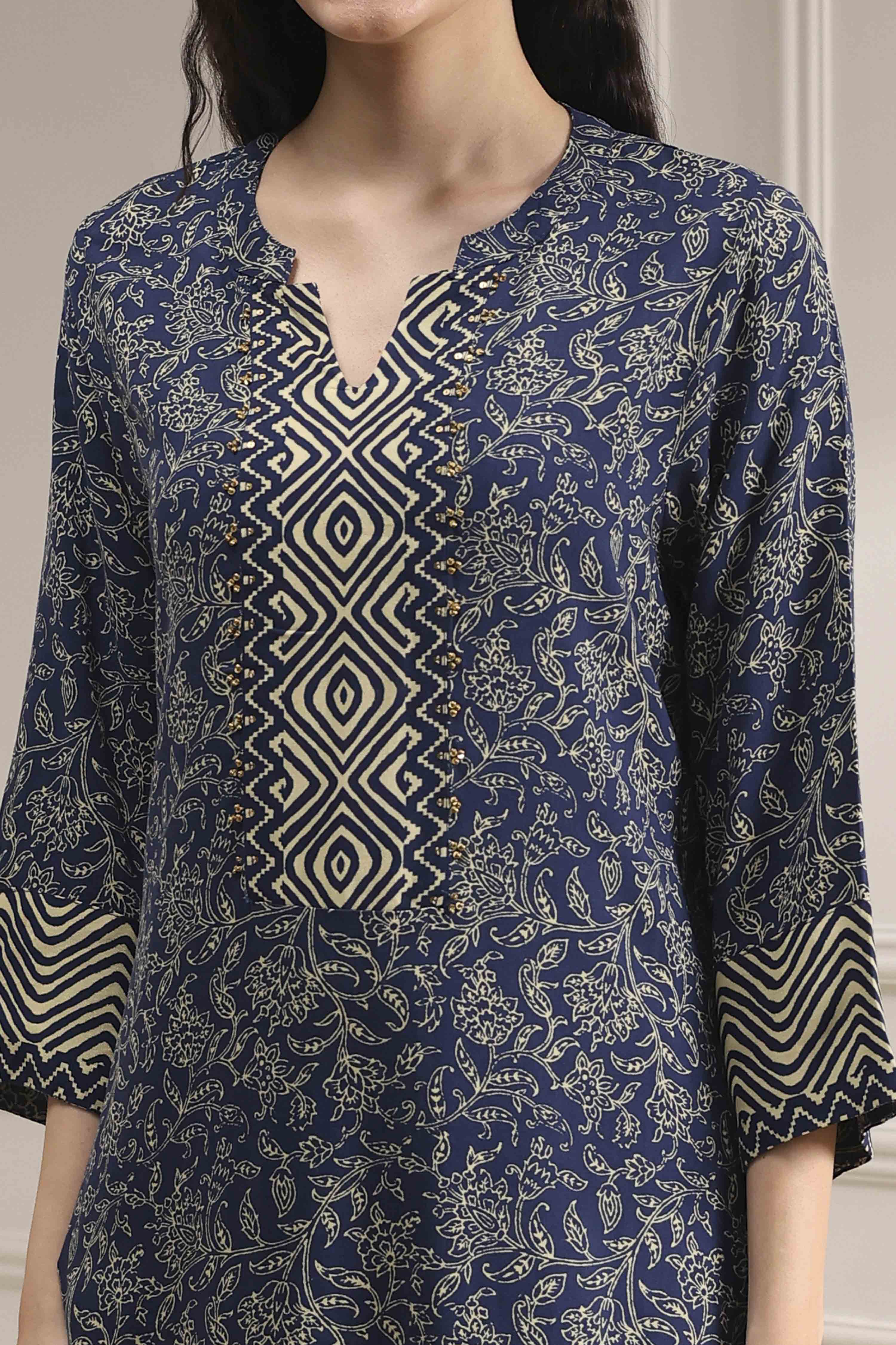Blue Printed Straight Kurta image number 1