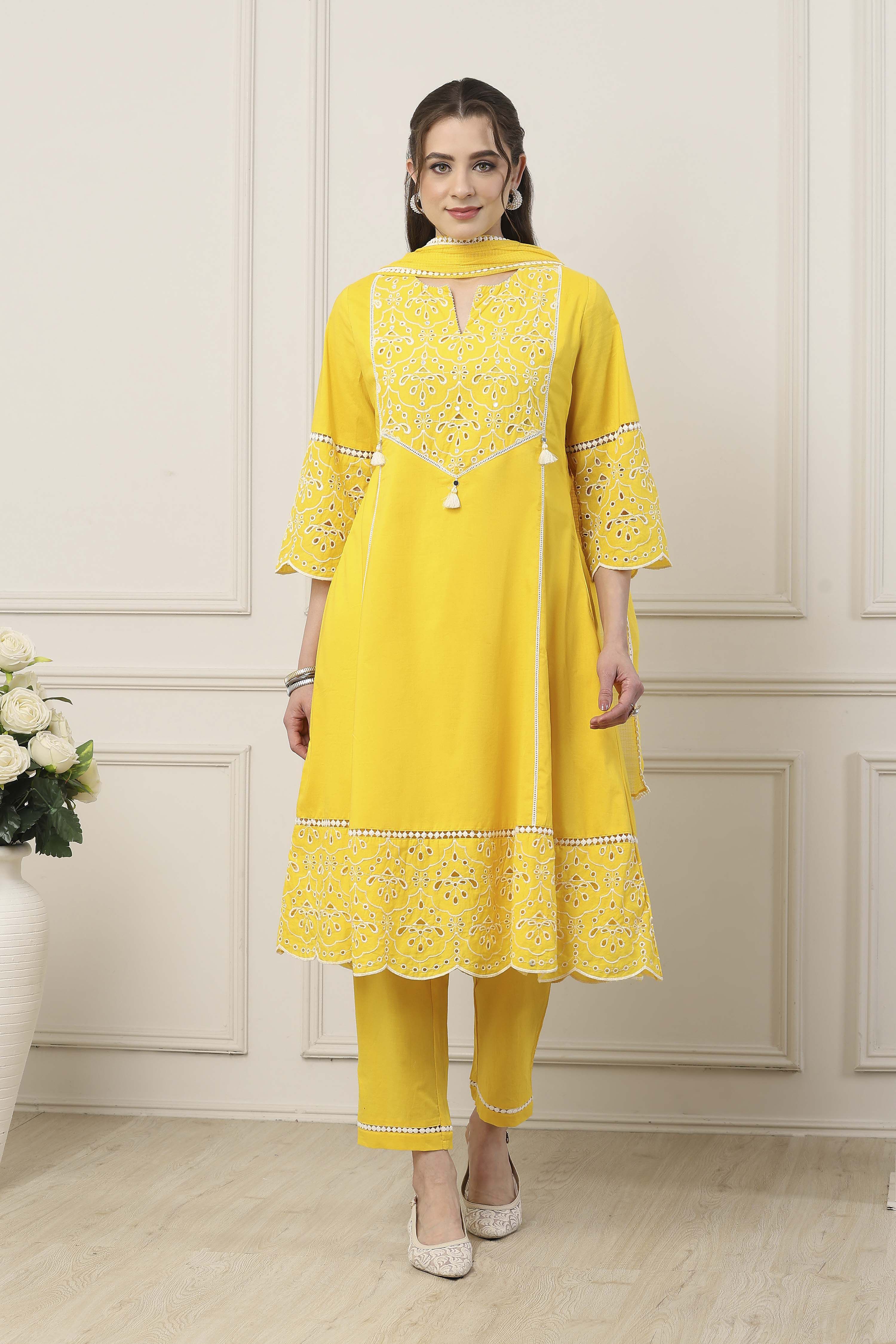 Yellow Cotton Schiffli Embroidered Kalidar Suit Set image number 0