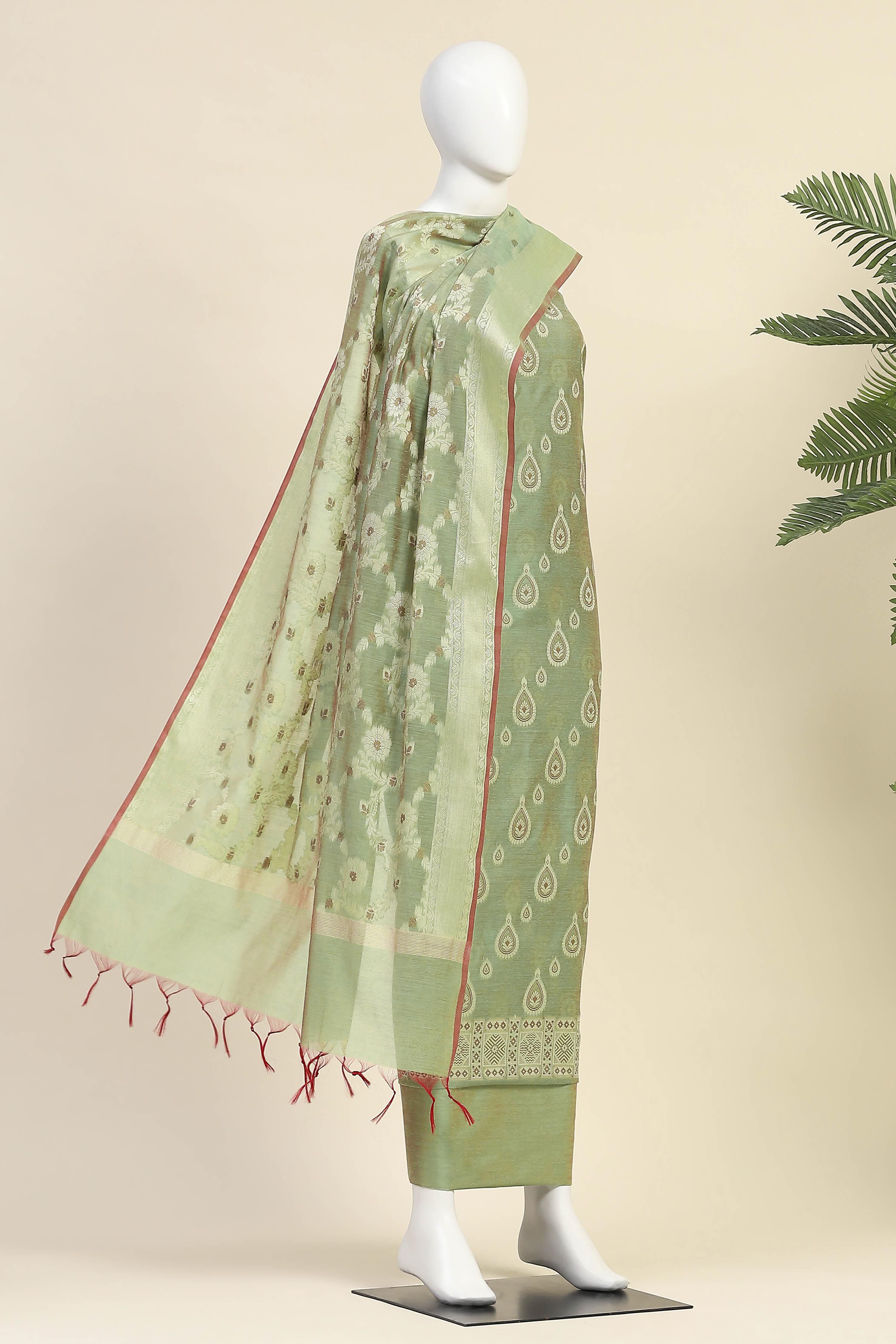 Red Chanderi  Unstitched Suit Set image number 4