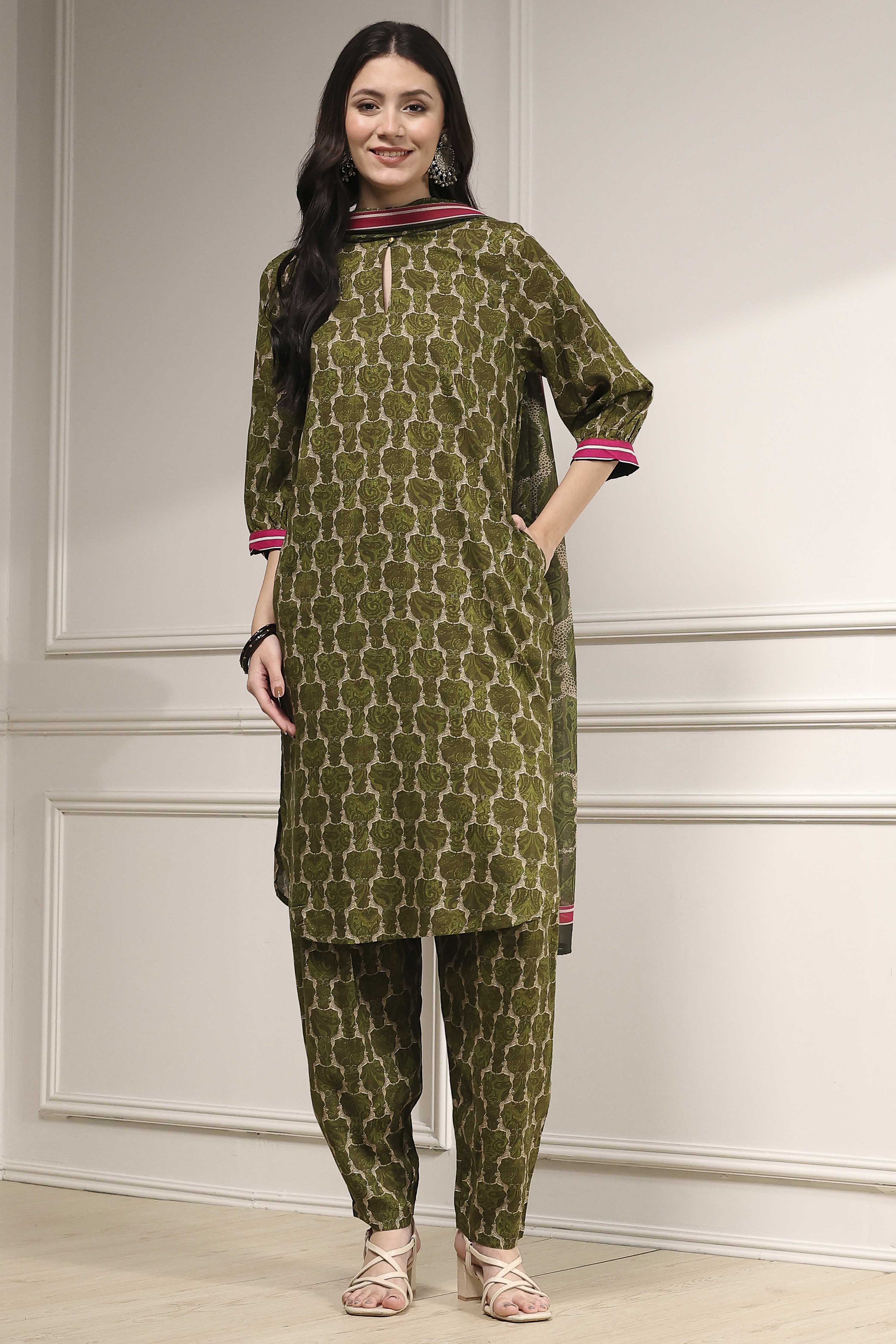 Olive Green Printed Straight Suit Set image number 6