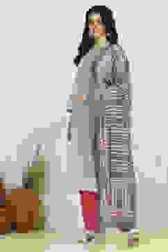 Grey Cotton Printed Embroidered Unstitched Suit Set image number 4